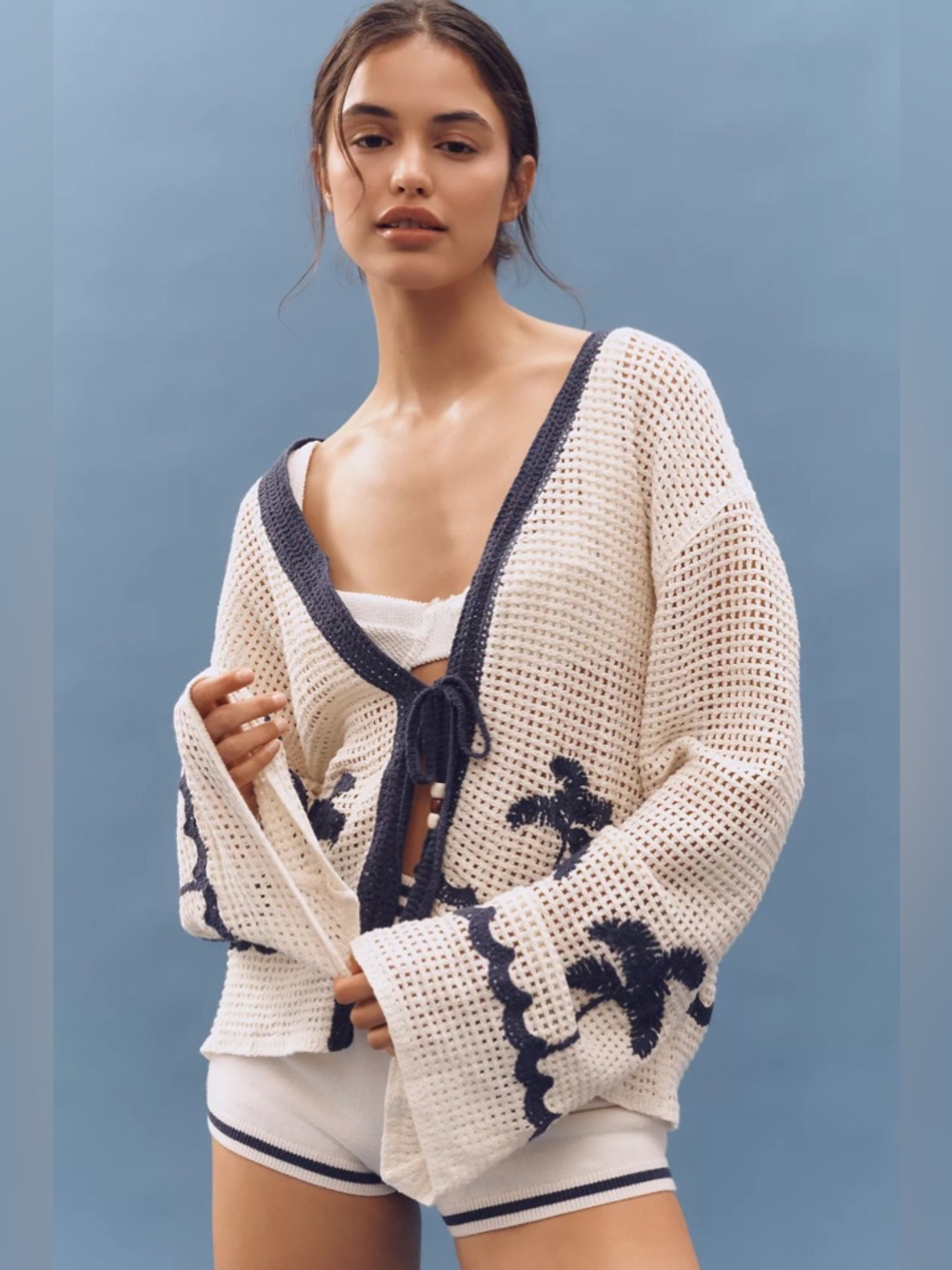 Anthropologie Crochet Tie-Front Cardigan with Navy Palm Motif